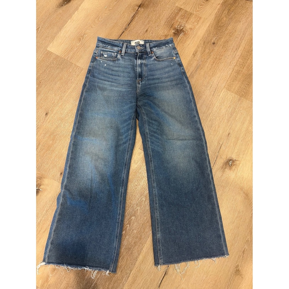 Paige Anessa High Rise Wide Leg Raw Hem Jeans Blue Wash Size 24 Distressed